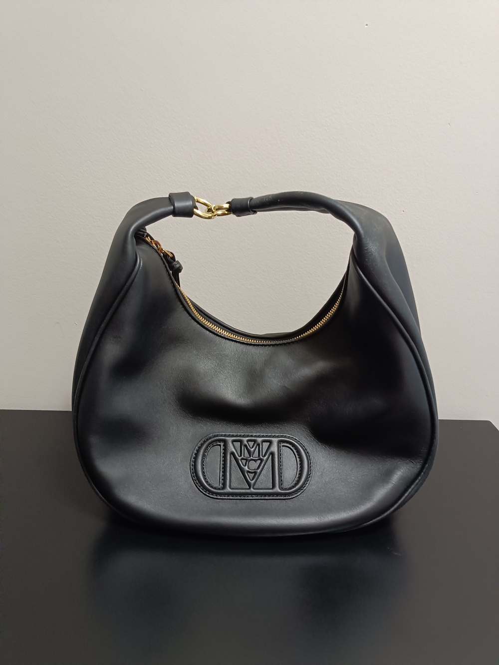 MCM Black Leather Hobo with Gold Hardware